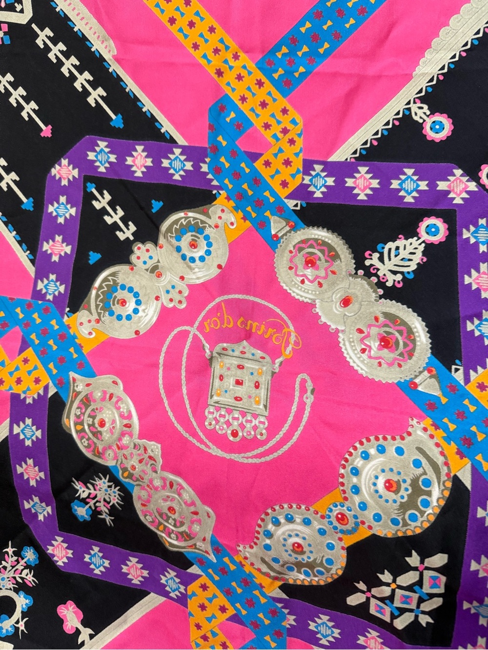Hermes Hot Pink Multicolor Silk Scarf with Metallic Accents